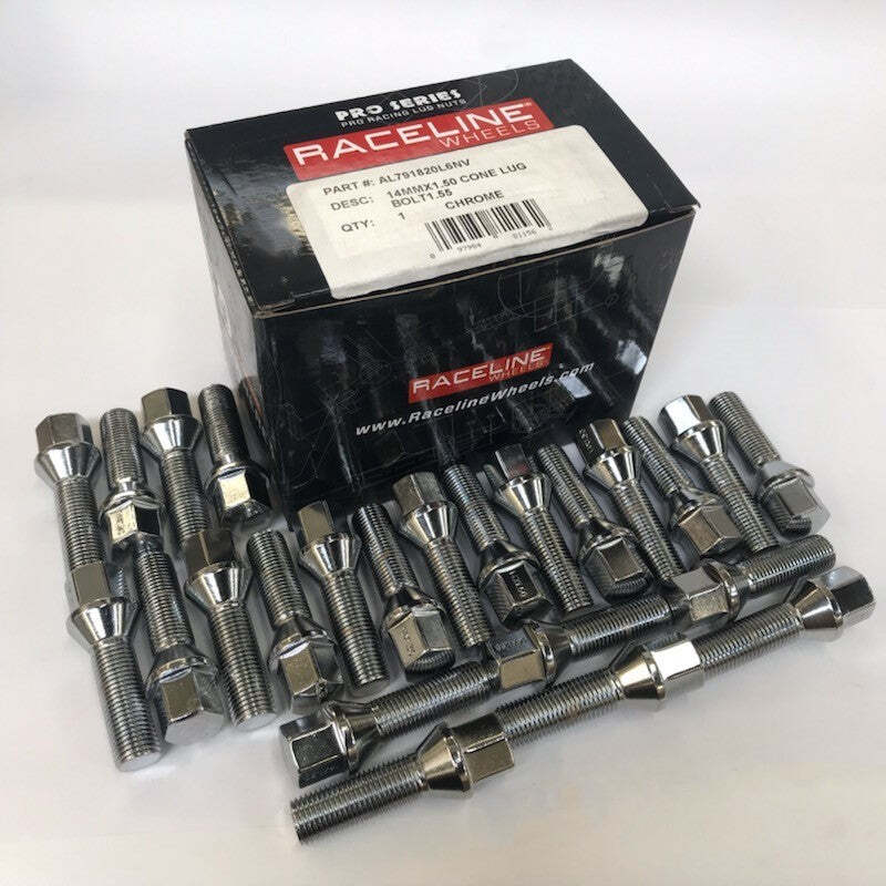 Raceline 14x1.5 1.55in L/Bolt Conical Chrome Lug Bolts (Set of 24)