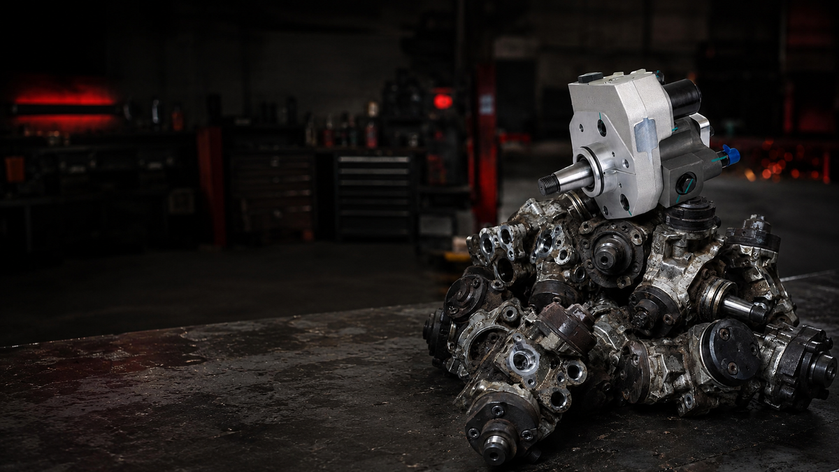 DCR conversion pump above failed CP4 pumps in the Torque Ranch Motors workshop